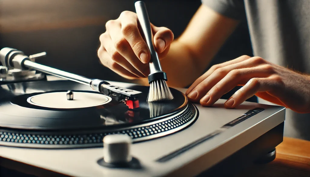 A detailed close-up of a vinyl turntable setup with a soft brush cleaning the needle.