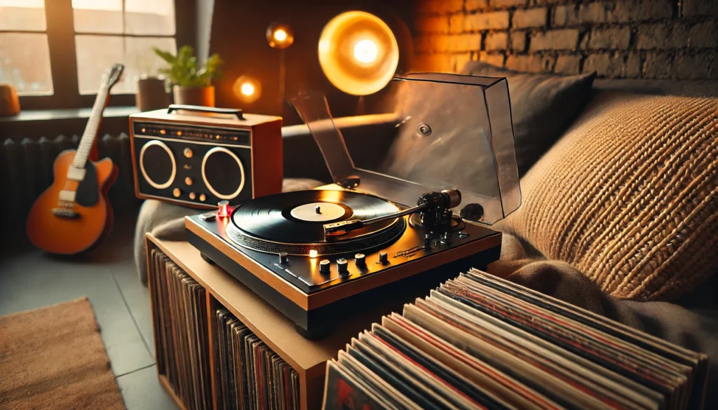 A cozy and inviting vinyl turntable setup with warm lighting and a record spinning on the turntable. Neatly stacked records and a modern-retro vibe create a relaxing atmosphere.