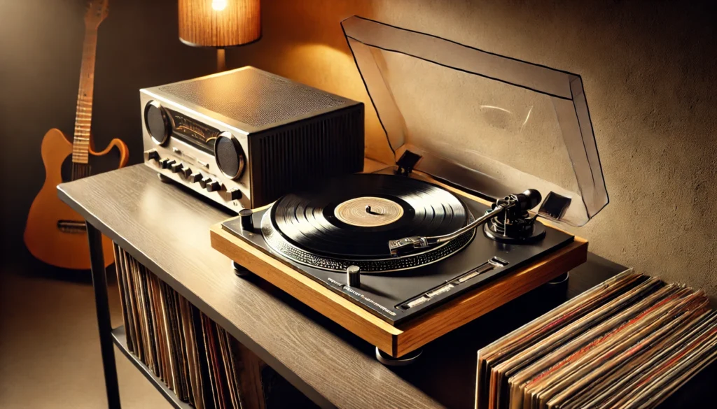 A detailed view of a turntable setup on a smooth wooden surface, with vinyl records neatly stacked beside it. The turntable is connected to an amplifier, and the tonearm is properly balanced, gently lowering the stylus onto a clean vinyl record on the platter. Warm lighting in the background adds a cozy and inviting atmosphere, highlighting the retro-modern aesthetic of the setup.