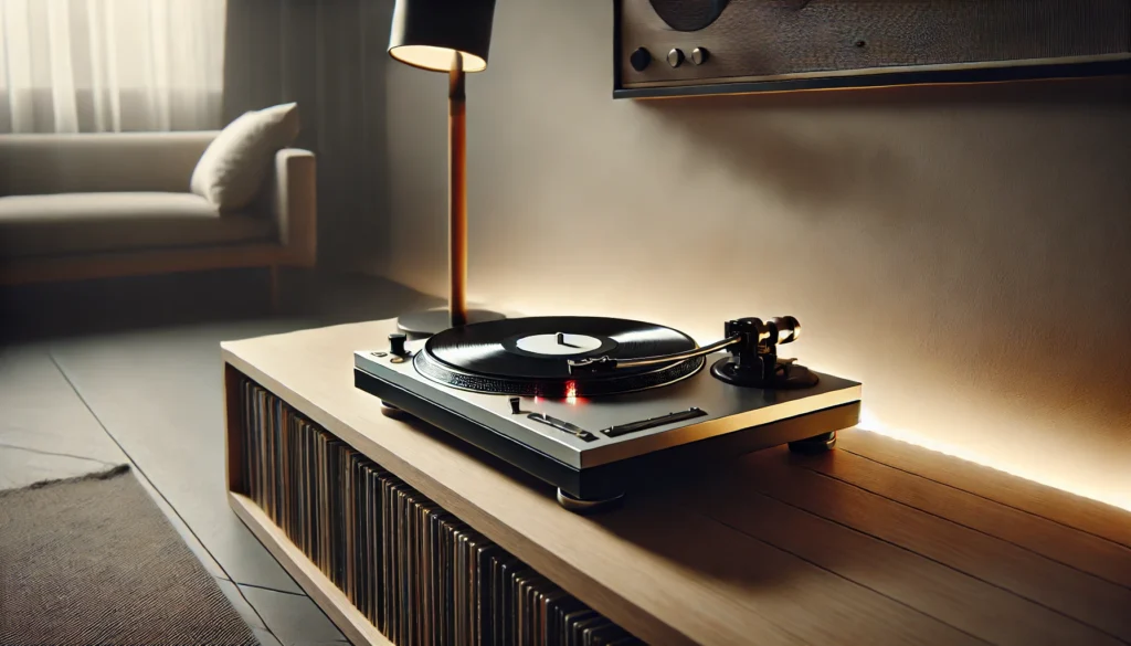 A modern turntable setup displaying both a sleek direct-drive turntable and a belt-drive turntable, each with a vinyl record on the platter. The scene is set on a clean, wooden surface with soft lighting, emphasizing the key differences between the two designs.