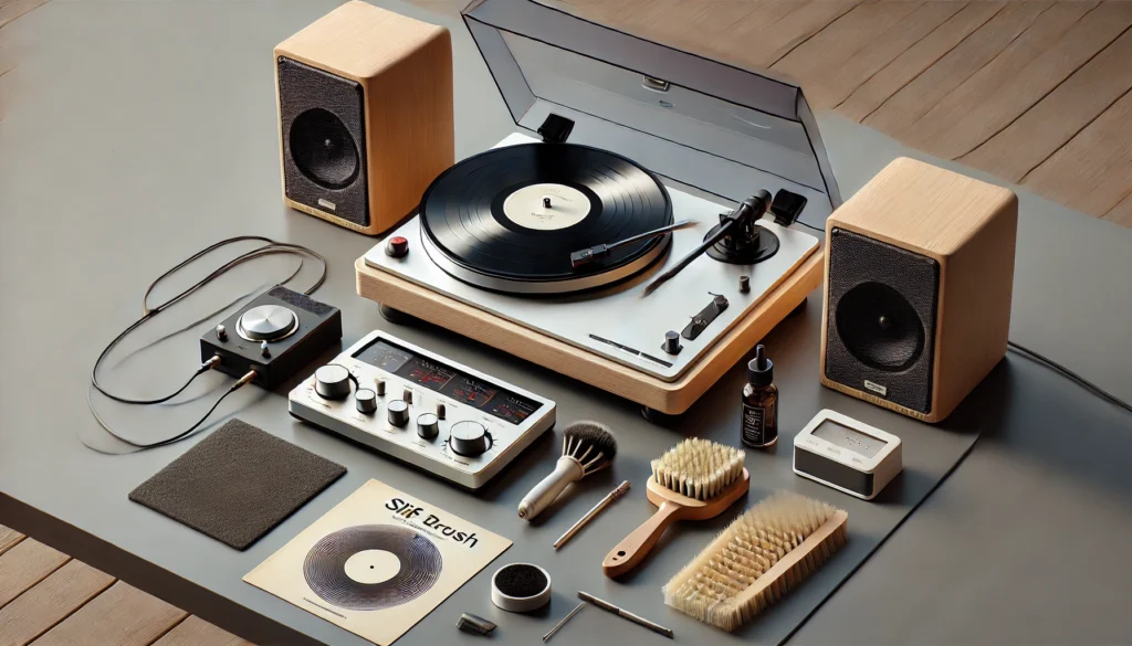 A modern turntable setup featuring essential components including a phono preamp, amplifier, powered speakers, and cleaning accessories for optimal vinyl performance.