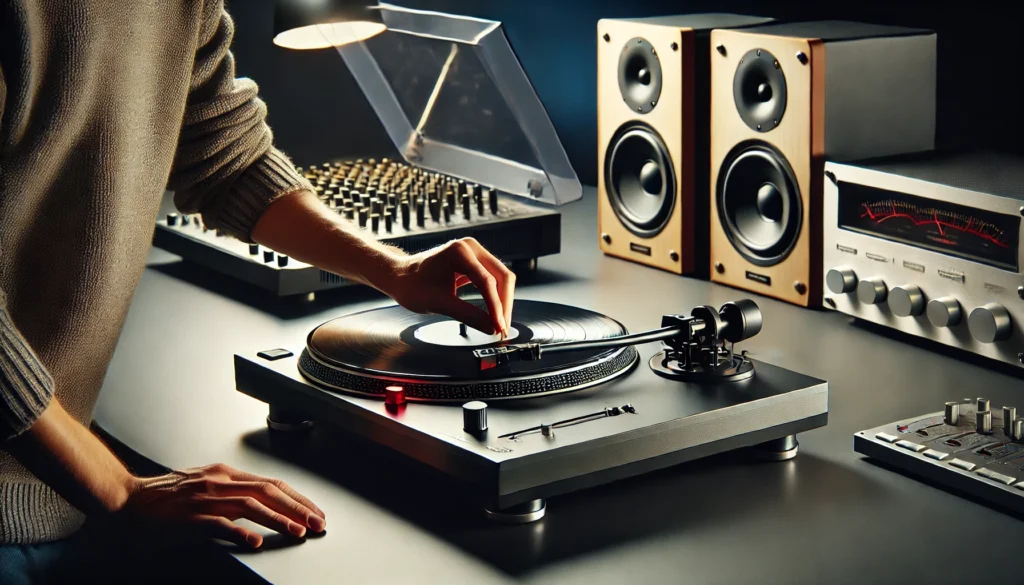 A detailed scene of a modern turntable setup, focusing on a person carefully adjusting the tonearm's counterweight. In the background, speakers, an amplifier, and cables are neatly organized, showing a clean and precise audio setup.