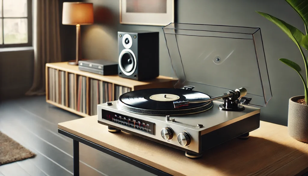 A sleek modern turntable setup with a vinyl record spinning on the platter, accompanied by a stylish dust cover and wooden surface, creating a cozy and vintage ambiance.