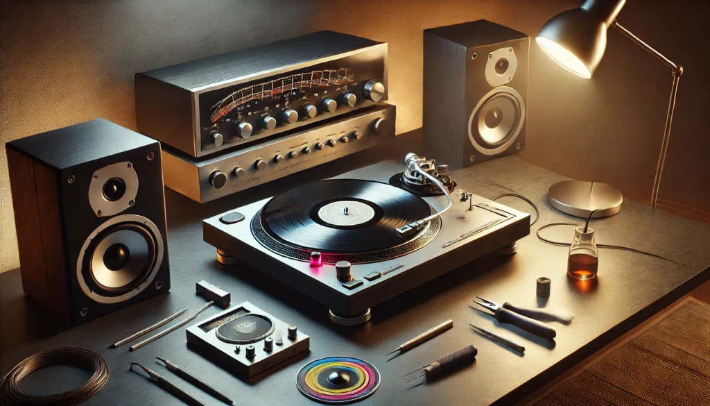 A modern turntable setup in a cozy room with a spinning vinyl record on a sleek, level surface. Troubleshooting tools, including a strobe disc and alignment tools, are placed nearby, along with neatly arranged cables and a grounding wire connected to the amplifier. Soft lighting enhances the well-maintained setup.