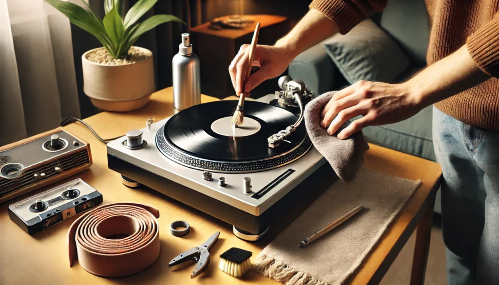 A modern turntable being gently cleaned with a microfiber cloth in a cozy room, with the stylus being brushed using a small stylus brush. Maintenance tools, including a folded belt, soft brush, and compressed air, are nearby.