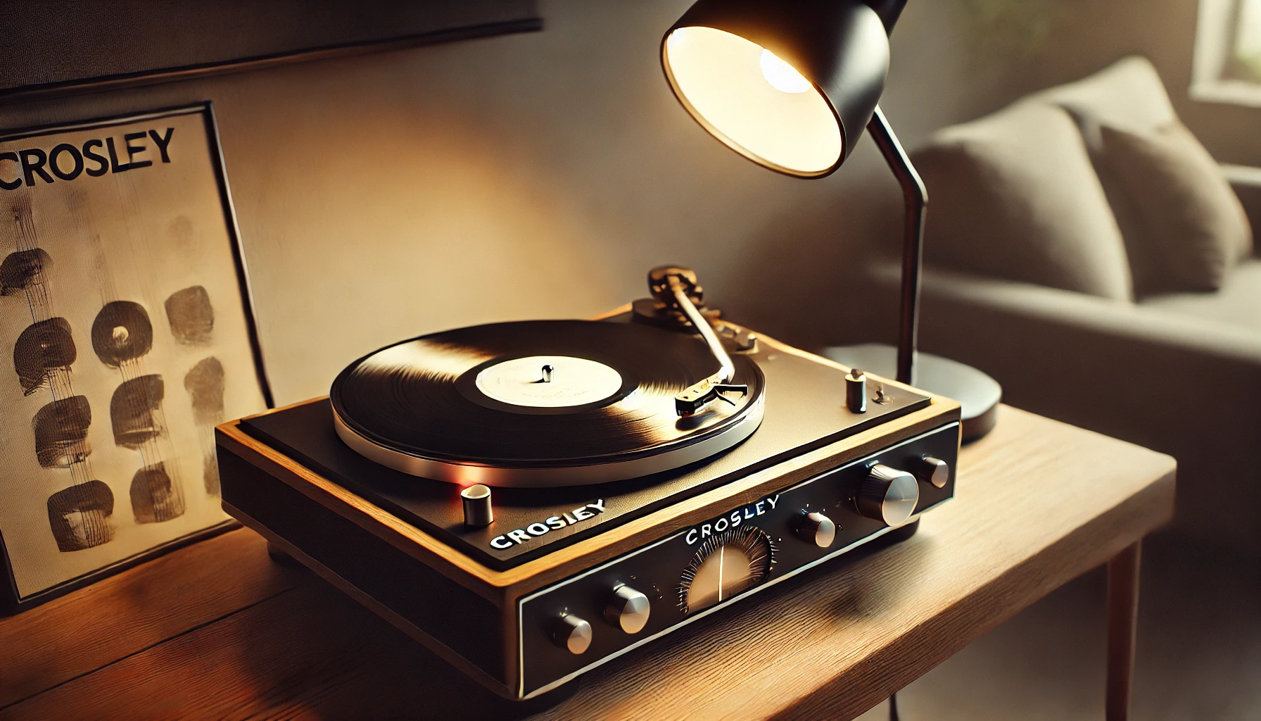 A Crosley turntable setup on a sleek, modern wooden surface, with a vinyl record placed on the platter. The tonearm is positioned over the edge of the record, ready to play, and soft lighting creates a cozy and inviting atmosphere, blending nostalgia and modern elegance.