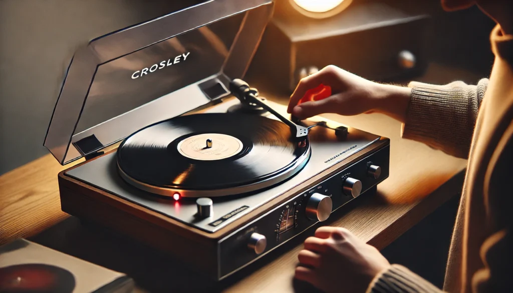 A Crosley turntable in action with a vinyl record spinning on its platter, set on a modern wooden surface.