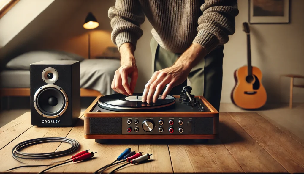 A cozy scene showing a Crosley turntable being carefully set up on a modern shelf. The turntable is positioned next to a mini-fridge, with cables ready to be connected to external speakers. The dust cover is open, emphasizing the need for stability and avoiding vibrations from nearby appliances during setup.