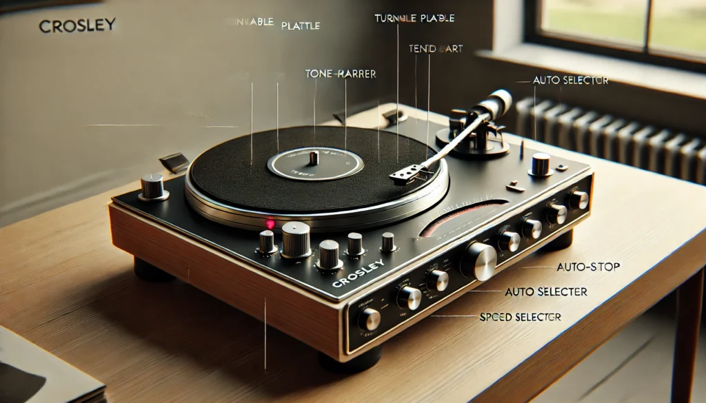 Close-up view of a Crosley turntable with labeled components, including the turntable platter, felt mat, tonearm, cartridge, stylus, speed selector, and auto-stop button. The turntable is on a sleek wooden surface, with soft lighting highlighting its parts.