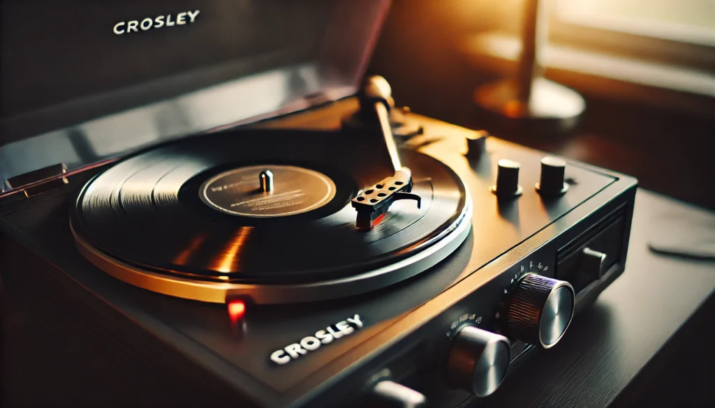 A cozy scene showing a Crosley turntable with a vinyl record playing, highlighting the tonearm gently placed on the record, capturing the essence of the vinyl listening experience.