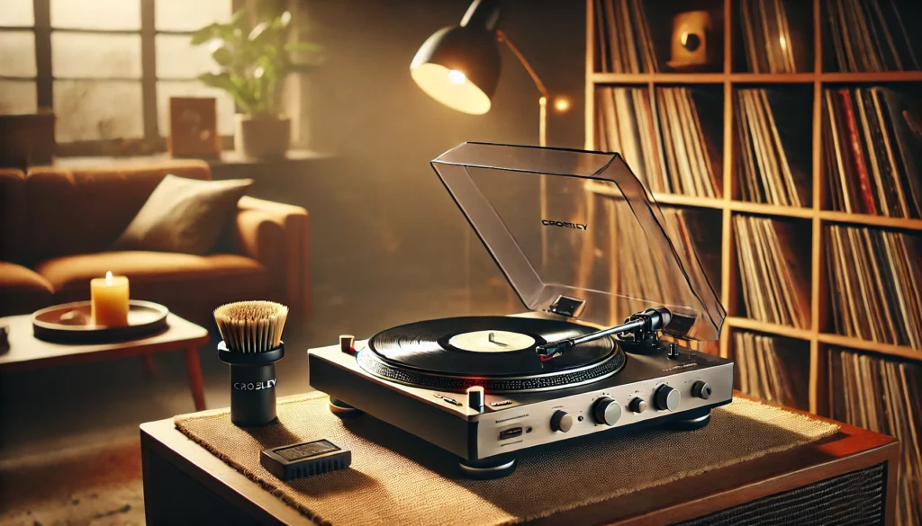 A modern Crosley turntable setup in a cozy living room, with a vinyl record on the platter, a carbon fiber brush nearby, and soft ambient lighting. The dust cover is slightly lifted, and records are neatly stacked in the background