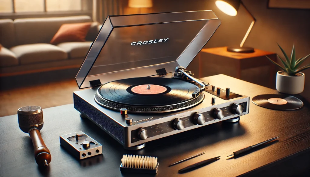 A modern Crosley turntable setup on a sleek, level surface with a vinyl record, illustrating proper positioning and common troubleshooting tips.