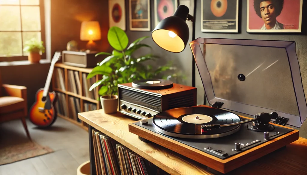 A cozy and modern vinyl record player setup with a sleek turntable spinning a vinyl record, placed on a wooden table in a warmly lit room with vinyl covers and plants in the background.