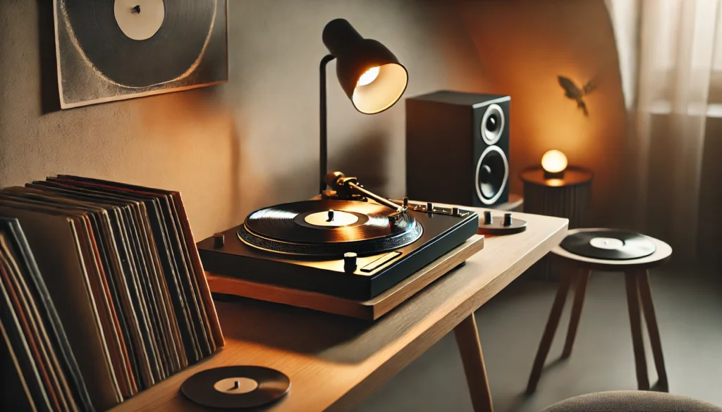 A cozy, modern setup featuring a turntable playing a vinyl record on a sleek wooden table. The turntable has a black platter and minimalist tonearm, surrounded by warm lighting and vinyl records nearby. The soft ambient lighting in the background creates an inviting atmosphere, perfect for music lovers and audiophiles.