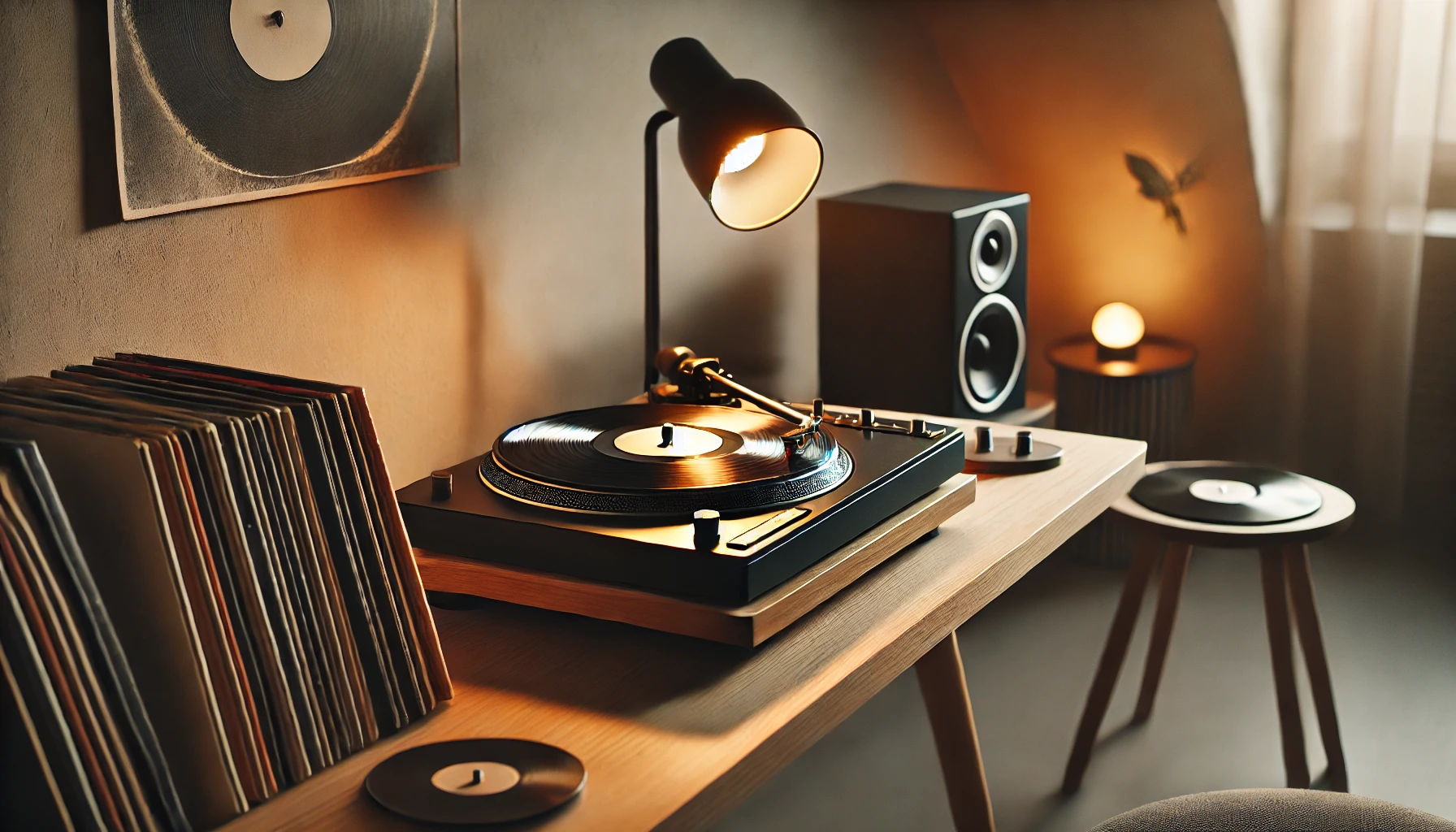 A cozy, modern setup featuring a turntable playing a vinyl record on a sleek wooden table. The turntable has a black platter and minimalist tonearm, surrounded by warm lighting and vinyl records nearby. The soft ambient lighting in the background creates an inviting atmosphere, perfect for music lovers and audiophiles.