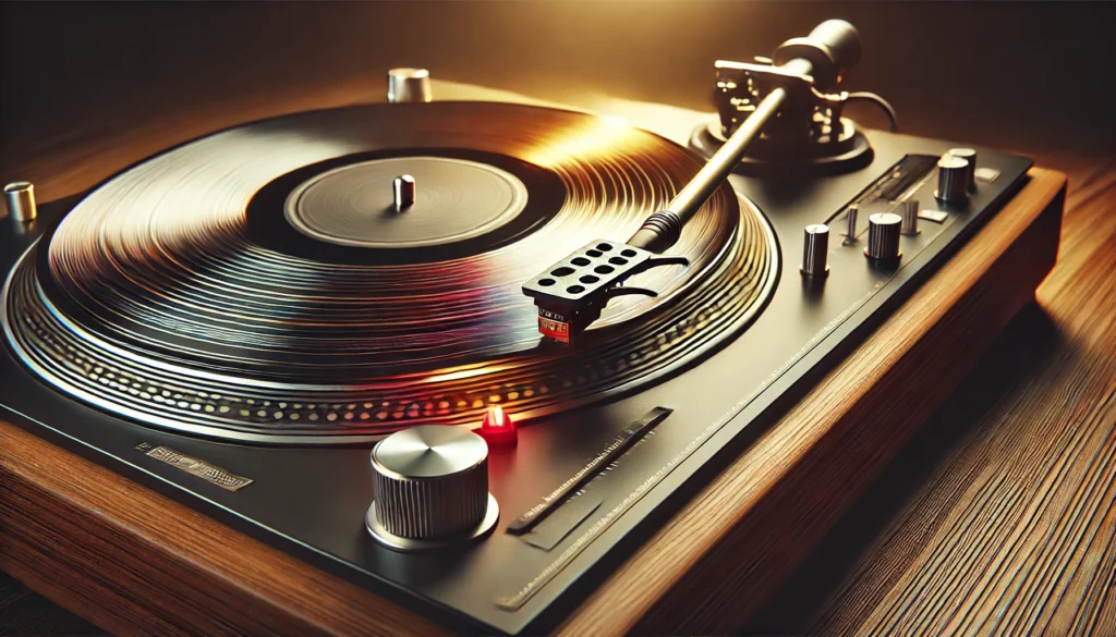 A detailed image of a turntable in action, with the stylus moving along the grooves of a spinning vinyl record on a sleek wooden surface, softly lit to emphasize the intricate details.