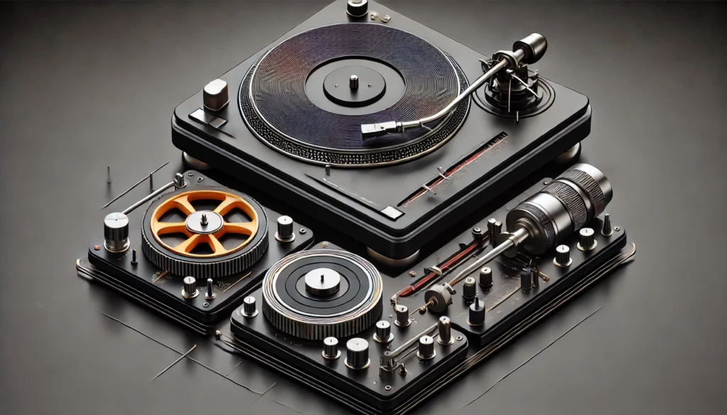 A detailed comparison image showing three types of turntables: belt-drive, direct-drive, and idler-wheel systems, displayed in a sleek, modern environment with labels highlighting the differences in their mechanisms.