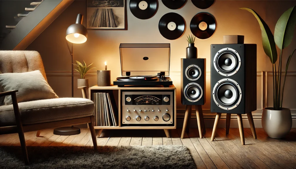 A cozy, modern living room featuring a vinyl record player with external speakers on either side. The turntable is spinning a record, and a small vinyl collection is visible on a shelf behind it. The room has minimalist décor with potted plants, wooden accents, and warm lighting, creating a relaxed atmosphere.