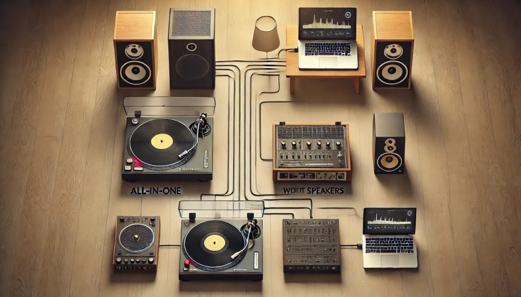 A visual comparison of three record player types: an all-in-one turntable with built-in speakers, a traditional turntable with external bookshelf speakers, and a USB turntable connected to a laptop for digital conversion. The scene is set on a minimalist wooden surface.
