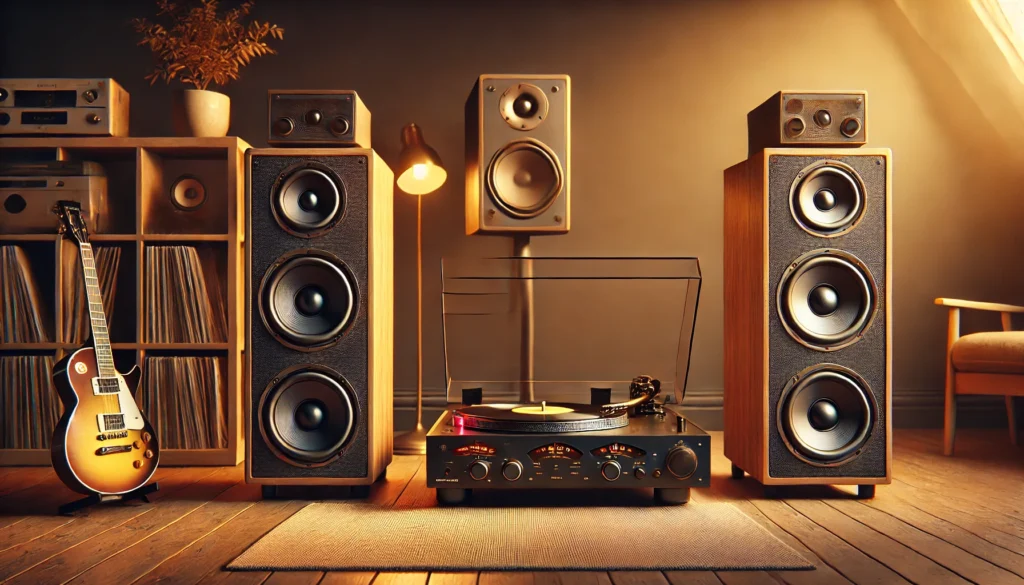 A vinyl record player setup with both compact bookshelf speakers on a wooden shelf and larger floor-standing speakers in the background, highlighting the differences in size, power, and space usage. The turntable is connected to both speaker types, showcasing the decision between active and passive options.