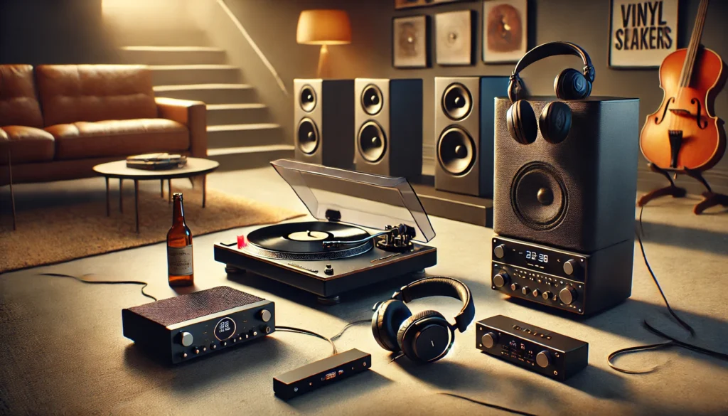 A scene displaying alternatives to traditional speakers for a vinyl record player, including headphones for intimate listening, a Bluetooth adapter for wireless audio, and a home theater soundbar in the background. The record player is central, with these flexible audio setup options surrounding it.