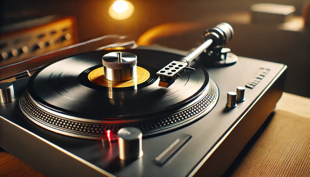 A close-up of a vinyl turntable with a record weight placed on a spinning record, pressing it flat against the platter to improve tracking and reduce distortion. The setup is in a cozy room with warm lighting, showcasing the sleek, modern design of the turntable and weight.