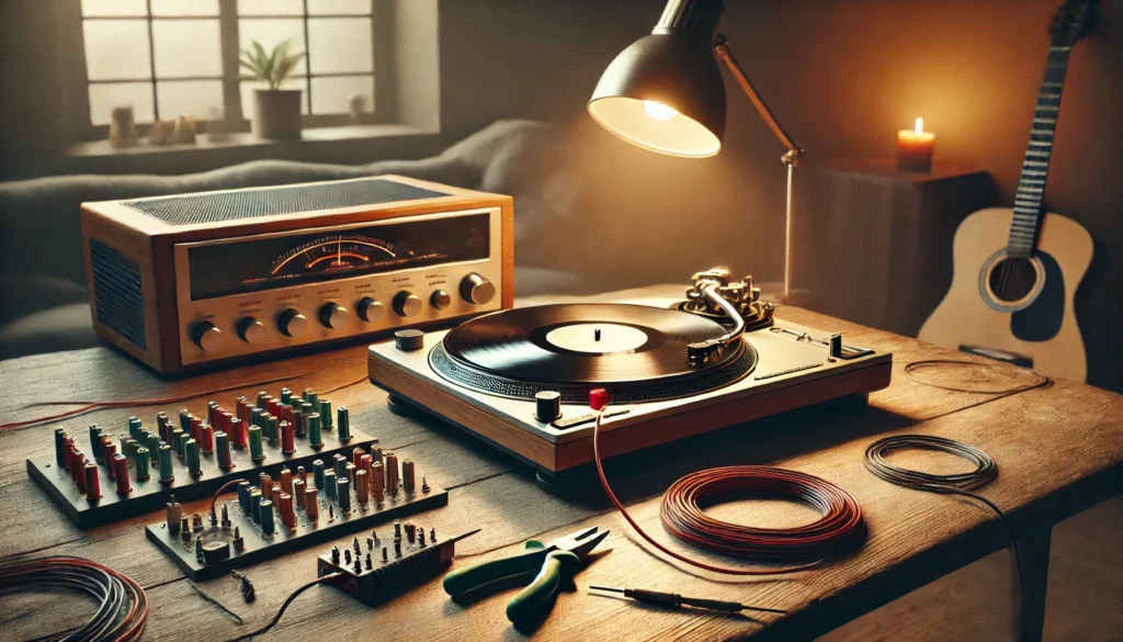 A vinyl turntable setup being grounded with a ground wire connected from the turntable to an amplifier in a cozy listening room. The turntable spins a record, with tools like a screwdriver and ground wire neatly arranged, showcasing proper grounding techniques for a clean, hum-free audio experience.