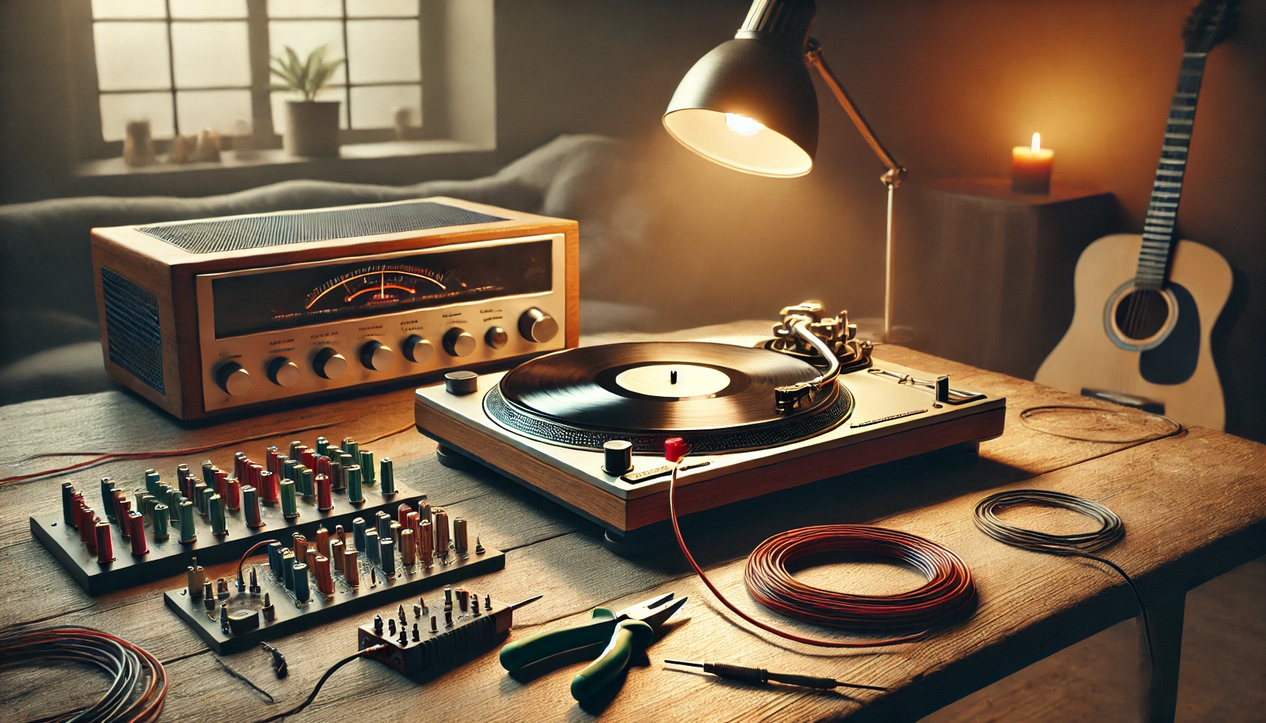A vinyl turntable setup being grounded with a ground wire connected from the turntable to an amplifier in a cozy listening room. The turntable spins a record, with tools like a screwdriver and ground wire neatly arranged, showcasing proper grounding techniques for a clean, hum-free audio experience.