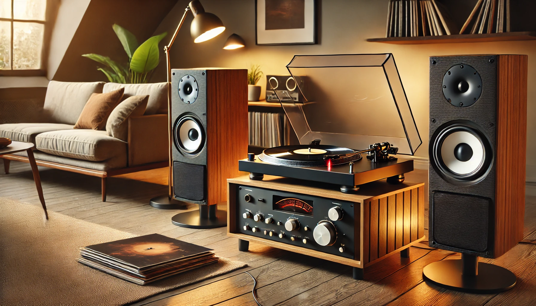 A cozy and stylish living room setup featuring a modern turntable with an external preamp connected to high-quality speakers. The turntable is placed on a sleek wooden cabinet, with vinyl records nearby and soft lighting creating a warm, inviting atmosphere.