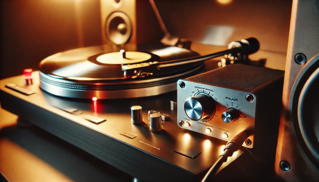 A close-up of a turntable setup with a visible external preamp, focusing on the signal chain between the turntable, preamp, and speakers. The stylus is lowered onto a spinning vinyl record, and the preamp is connected with cables to an amplifier.