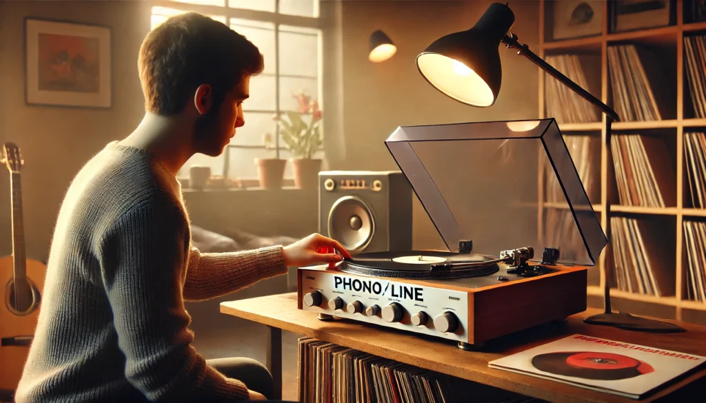 A person examining the back of their turntable and amplifier, looking for the 'PHONO/LINE' switch or a 'PHONO' input. The cozy room is softly lit, with vinyl records nearby, creating a warm, relaxed atmosphere.