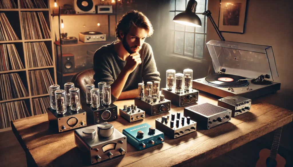  A person comparing different preamps for a turntable setup, with various models displayed on a table, ranging from budget to high-end tube preamps. The background includes a turntable and vinyl records in a cozy, well-lit room.