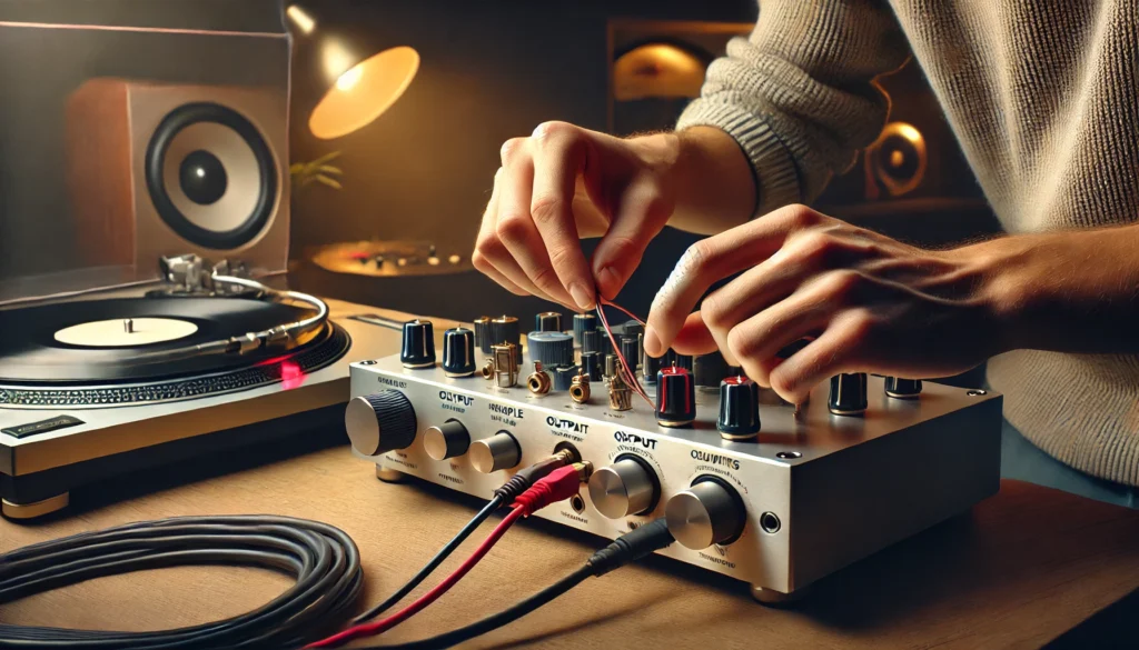 A detailed scene showing the process of setting up a turntable preamp, with cables being connected to the preamp and ground wire, in a cozy room with soft lighting, vinyl records, and a modern turntable setup.