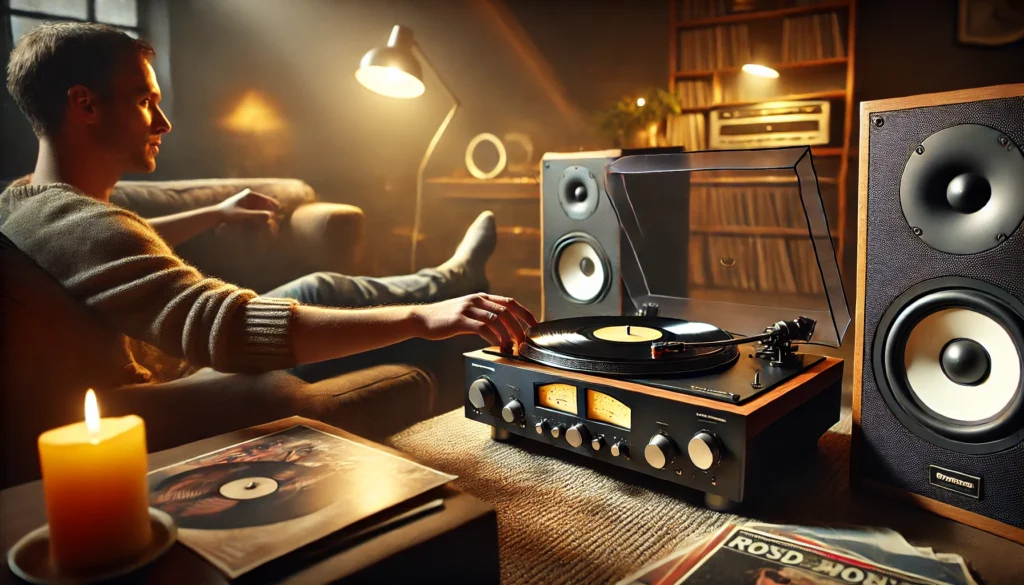 A person sitting back, relaxed in a cozy living room, listening to vinyl records through a high-quality preamp. The turntable spins a record, and the room is filled with warm sound, creating a rich listening experience.