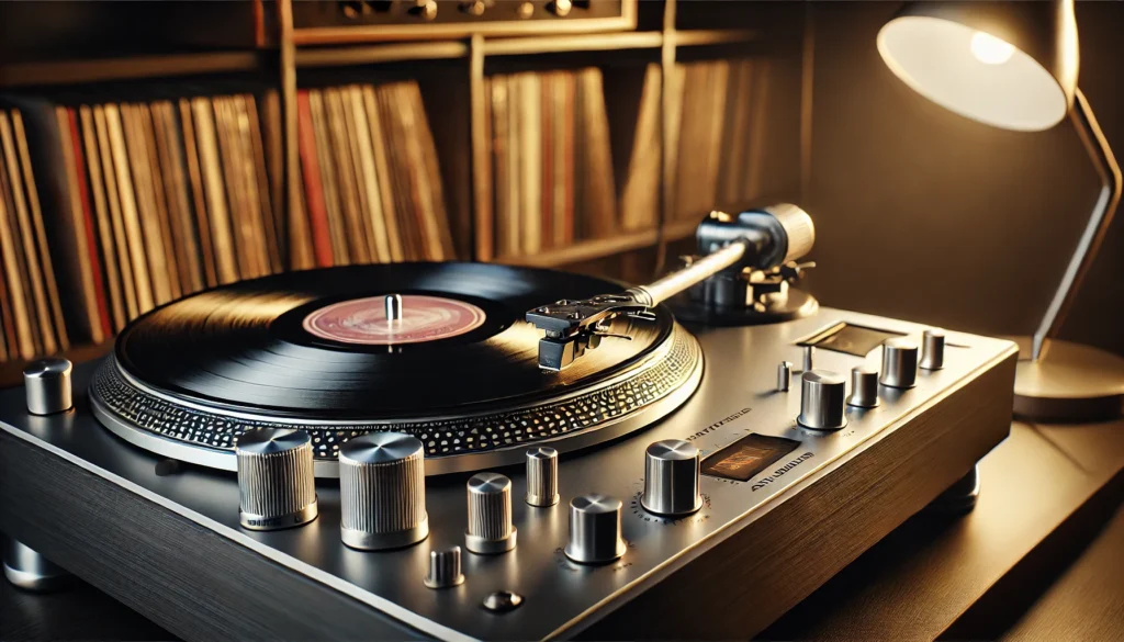 A close-up view of a turntable setup showing the tonearm and anti-skate mechanism. The turntable is sleek and modern, with a vinyl record spinning, and vinyl records are neatly organized on a shelf in the background. Soft lighting creates a warm ambiance, emphasizing the precision of anti-skate adjustments.
