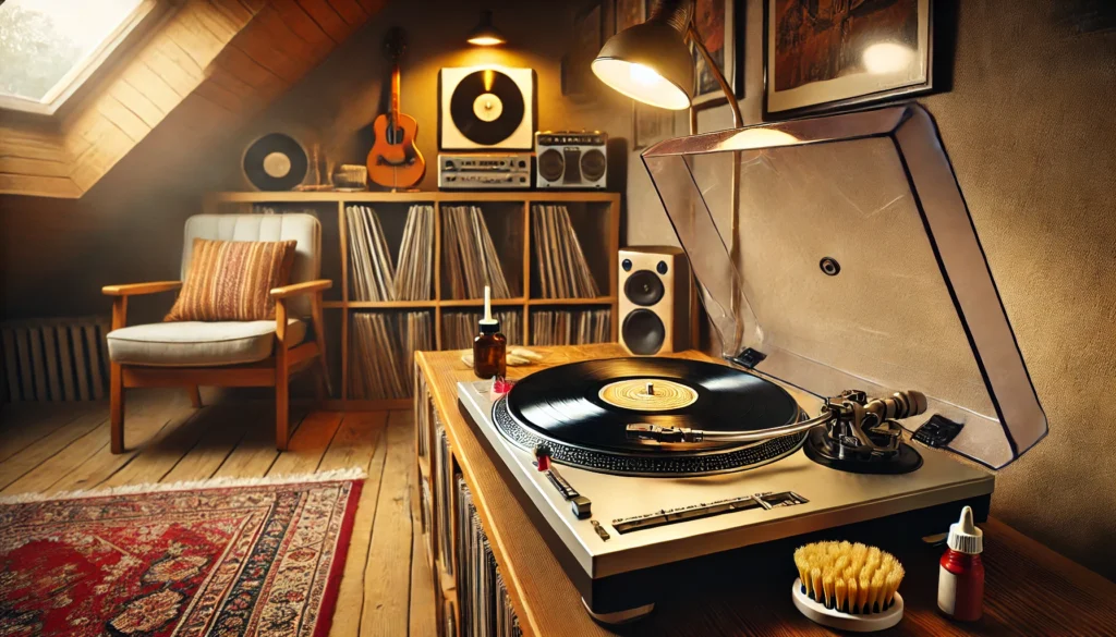 A cozy vinyl listening space with a vintage turntable, clean records, and a stylus cleaning brush in a warm, retro-themed room.