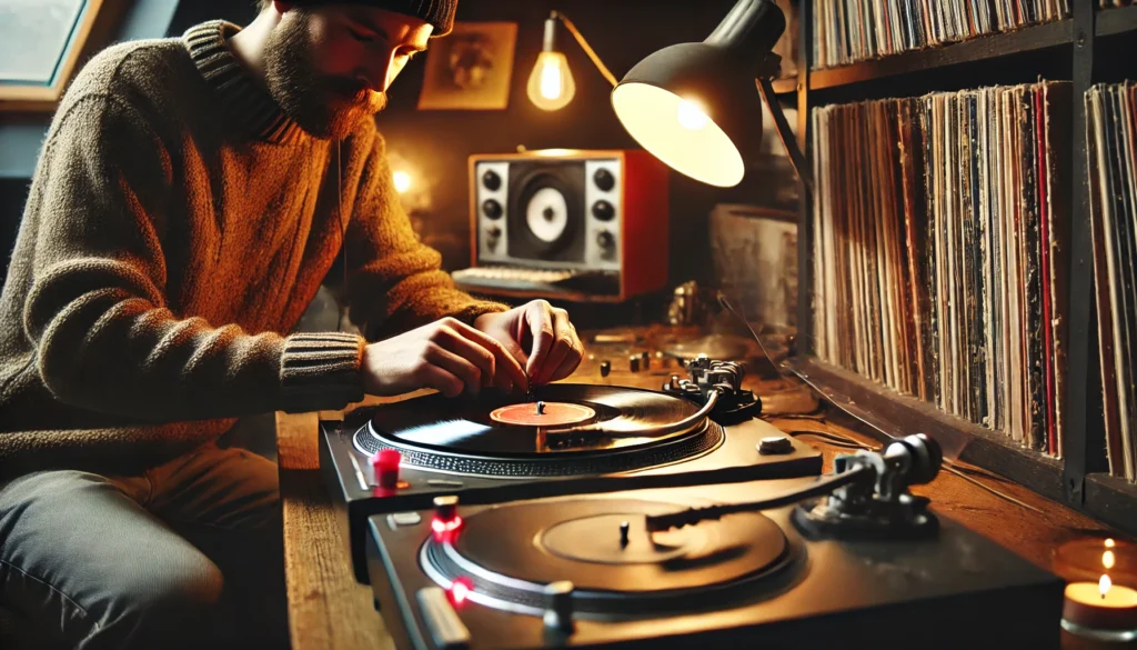 A vinyl enthusiast adjusting the tonearm and stylus of a turntable with a spinning record, troubleshooting quiet volume in a cozy, well-lit listening space filled with records.