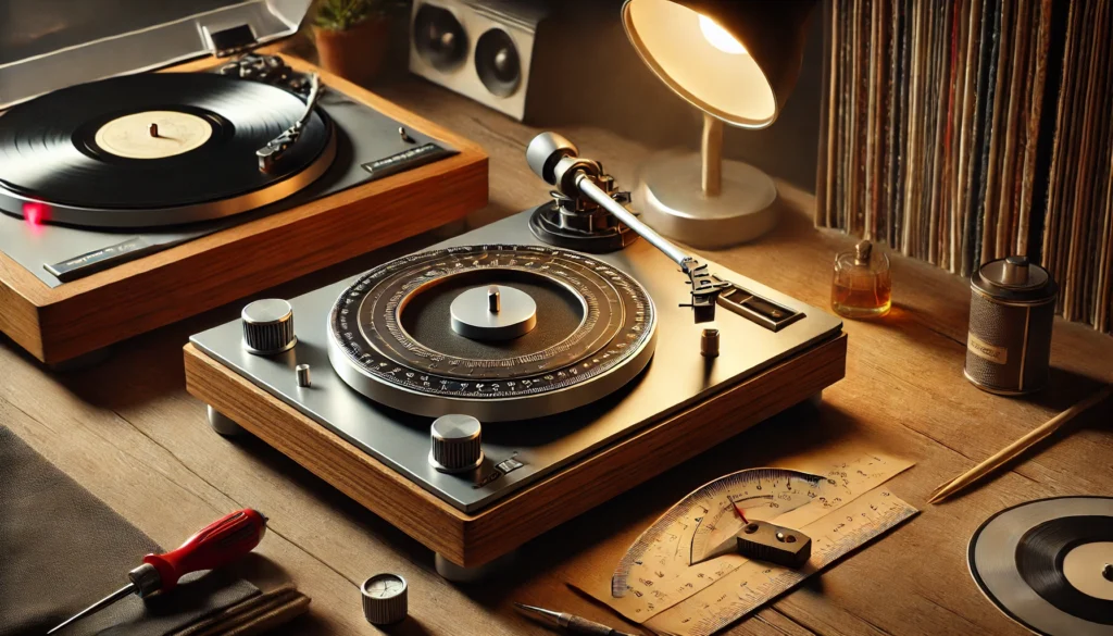 Turntable cartridge being aligned with an alignment protractor on a wooden surface, surrounded by vinyl records and alignment tools.