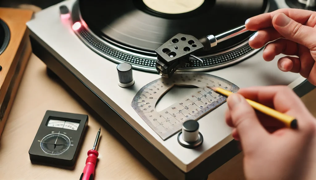 Close-up view of a turntable's cartridge being aligned using a protractor, with precision tools like a stylus force gauge and vinyl records nearby.