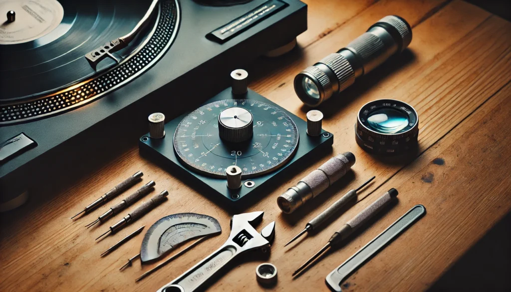 Essential tools for turntable cartridge alignment including an alignment protractor, stylus force gauge, small screwdriver, Allen wrenches, magnifying glass, and flashlight on a wooden surface.