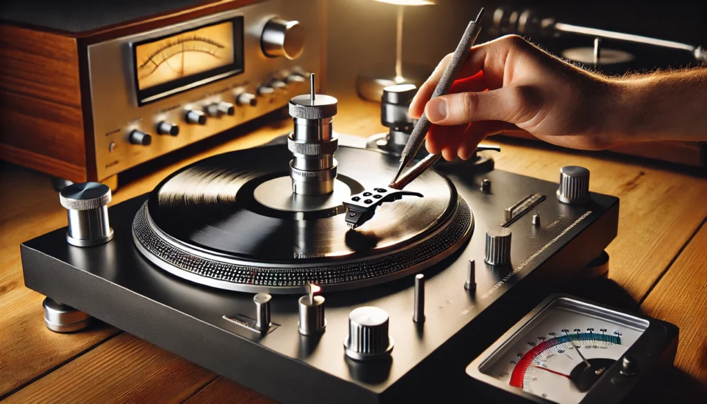 Close-up of a vinyl turntable during cartridge alignment, with the stylus being aligned to the null points on an alignment protractor. A stylus force gauge and a mirror are nearby for tracking force and azimuth adjustments.