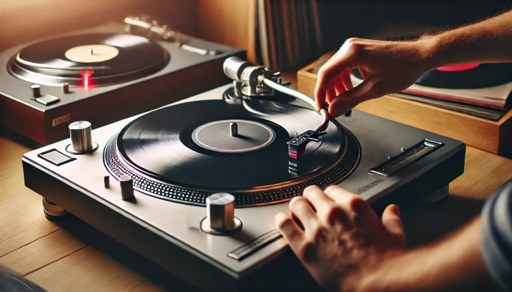 A vinyl turntable setup showing careful handling, with the tonearm secured and the platter being removed, illustrating the process of maintaining cartridge alignment over time.