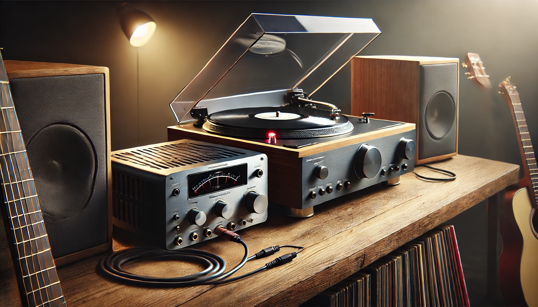 Modern vinyl setup showing a turntable connected to a receiver without a phono input using a phono preamp, with vinyl records and warm lighting in the background.
