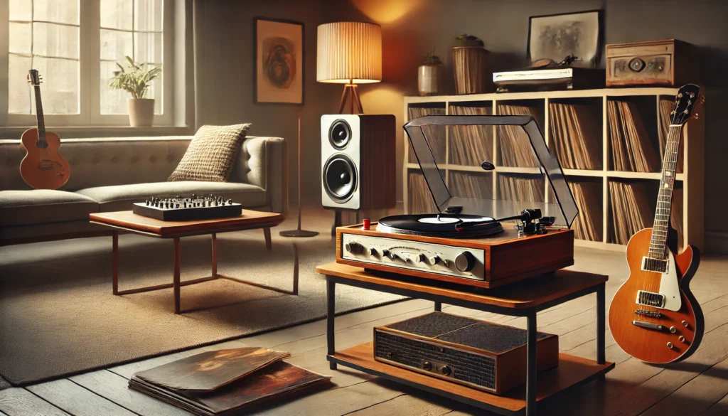 A cozy modern living room featuring a vintage turntable playing vinyl records, with warm lighting and scattered albums creating a nostalgic atmosphere