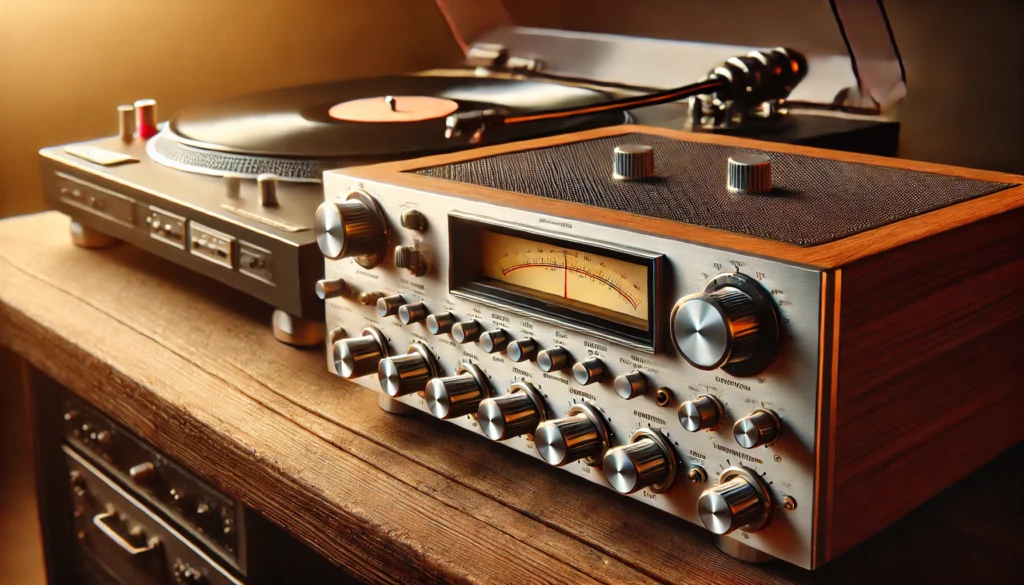 A close-up of a traditional audio receiver connected to a turntable, showing various knobs and input ports, with warm nostalgic lighting.