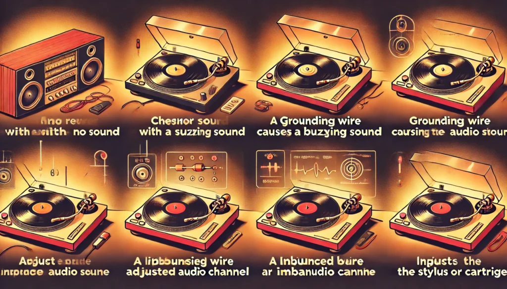 An illustration of common turntable issues, including no sound, grounding wire buzzing, imbalanced channels, and skipping, along with visual troubleshooting solutions.