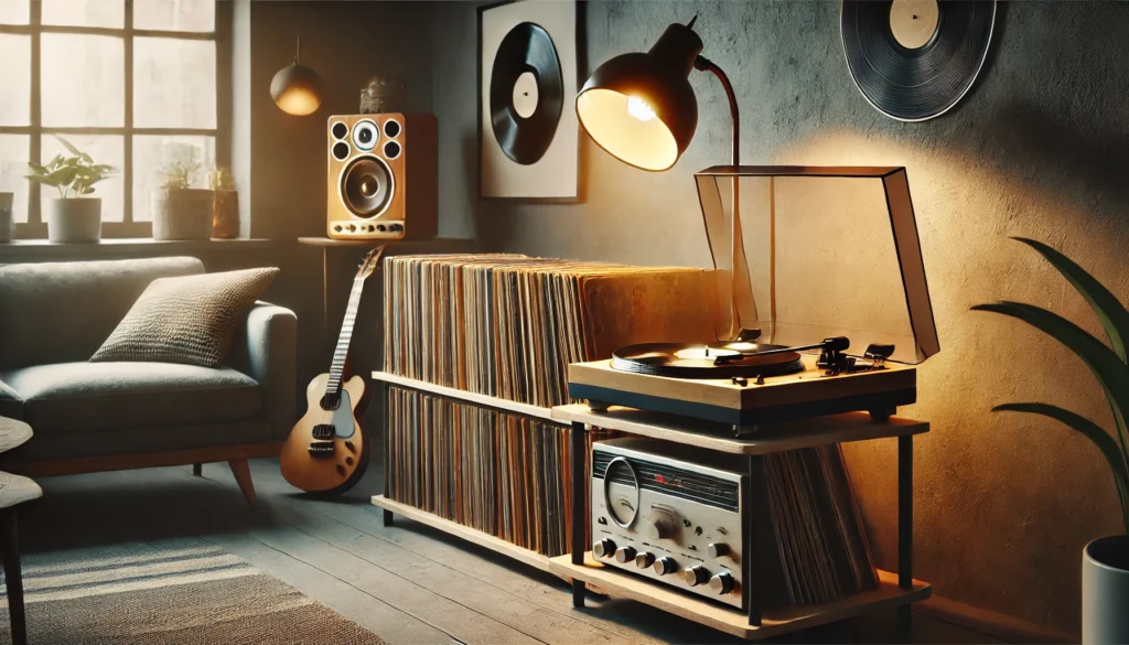 A cozy room with a vinyl turntable playing a record, surrounded by neatly stored vinyl records on a shelf, creating a nostalgic atmosphere for vinyl enthusiasts.