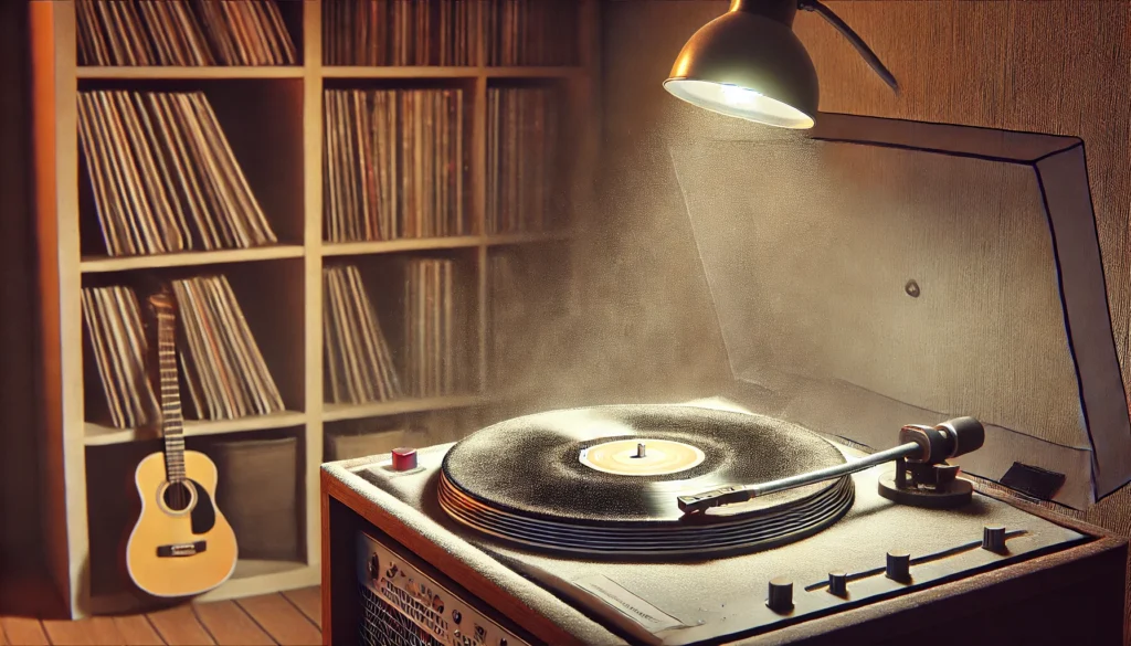 A vinyl record left on a turntable with visible dust accumulation, illustrating the risks of leaving records exposed. Shelves of neatly stored records are in the background.