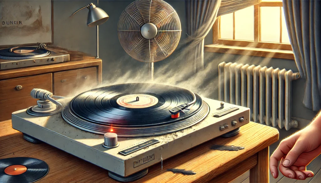 A vinyl record left on a turntable gathering dust, with a slightly warped edge, exposed to sunlight and heat. A hovering elbow hints at the risk of accidental scratches.