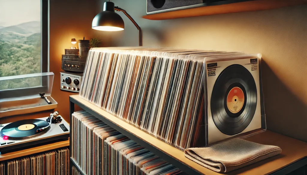 A neatly organized vinyl record collection stored upright with protective plastic outer sleeves and poly-lined inner sleeves. A dehumidifier and microfiber cloth are visible for humidity control and cleaning.